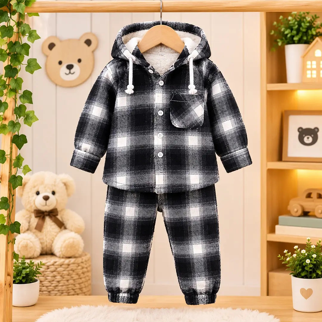 Baby Black & White Check Hooded Jacket & Pants Set