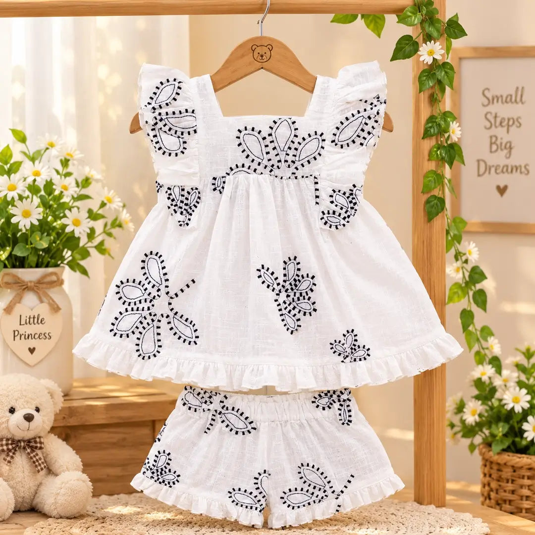 Girls White Embroidered Ruffle Top & Frill Shorts Set