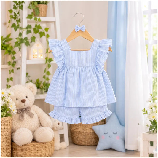 Girls Blue Striped Ruffle Top & Frill Shorts Set