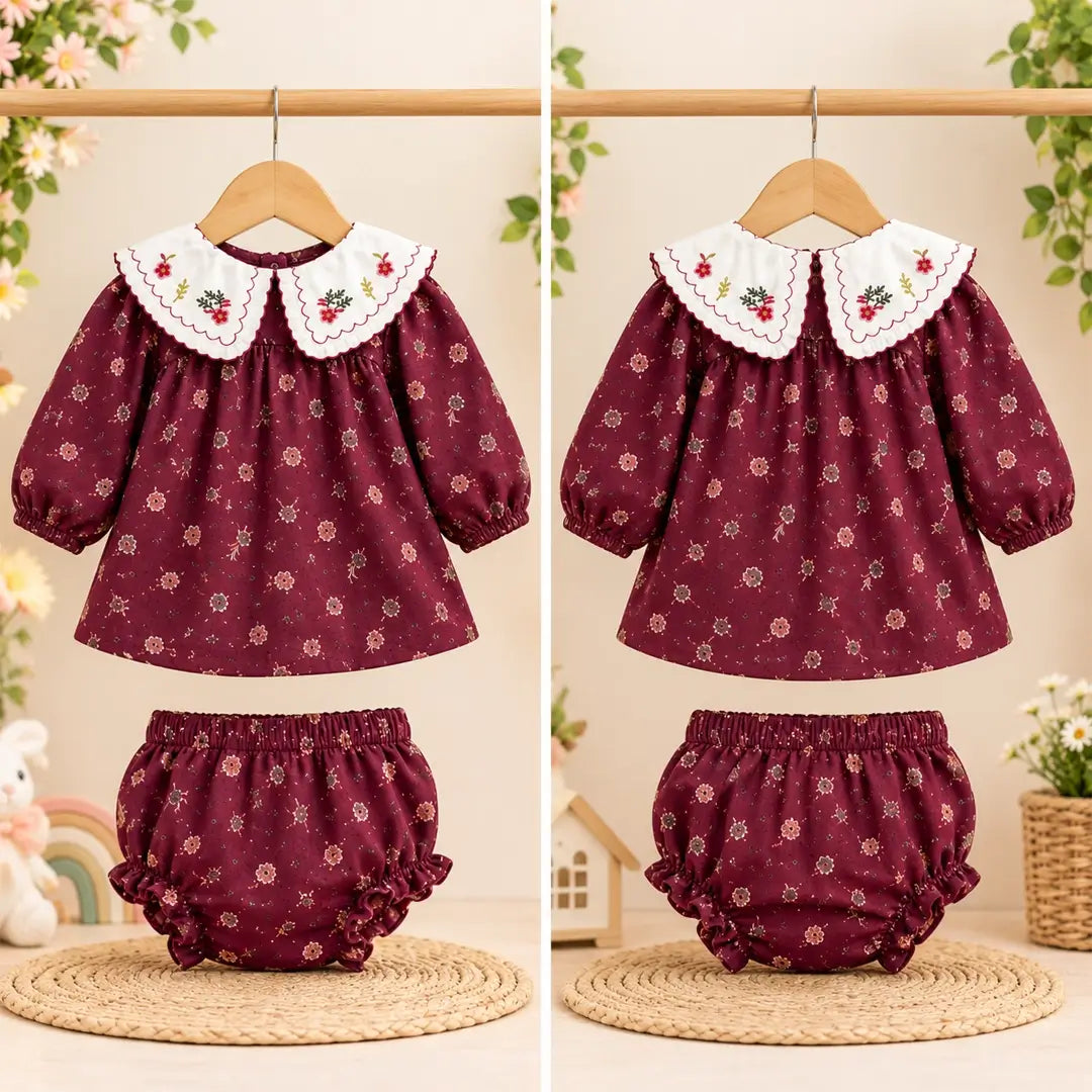 Baby Girl Wine Floral Dress with Embroidered Collar & Bloomers