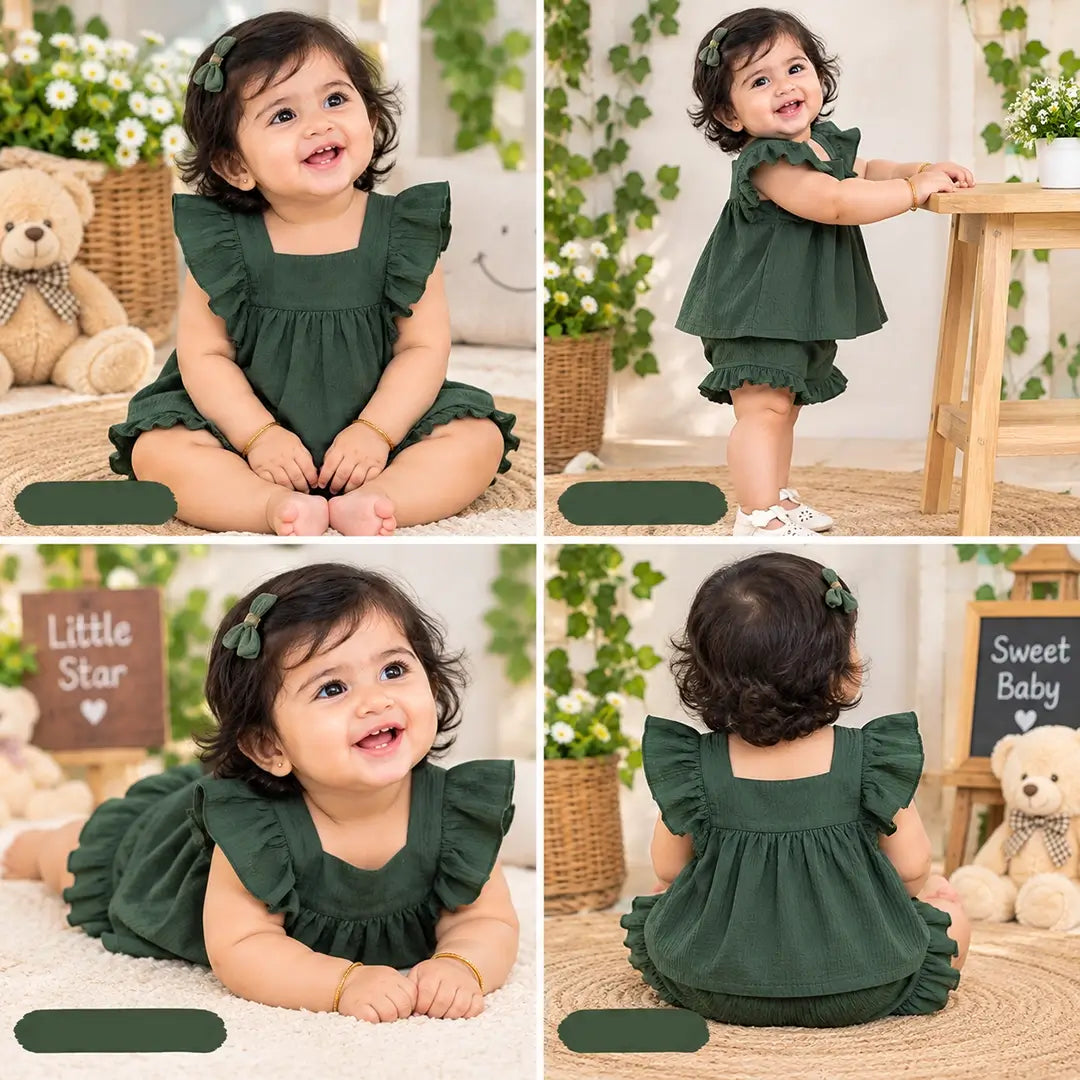 Girls Olive Green Ruffle Top & Frill Shorts Set