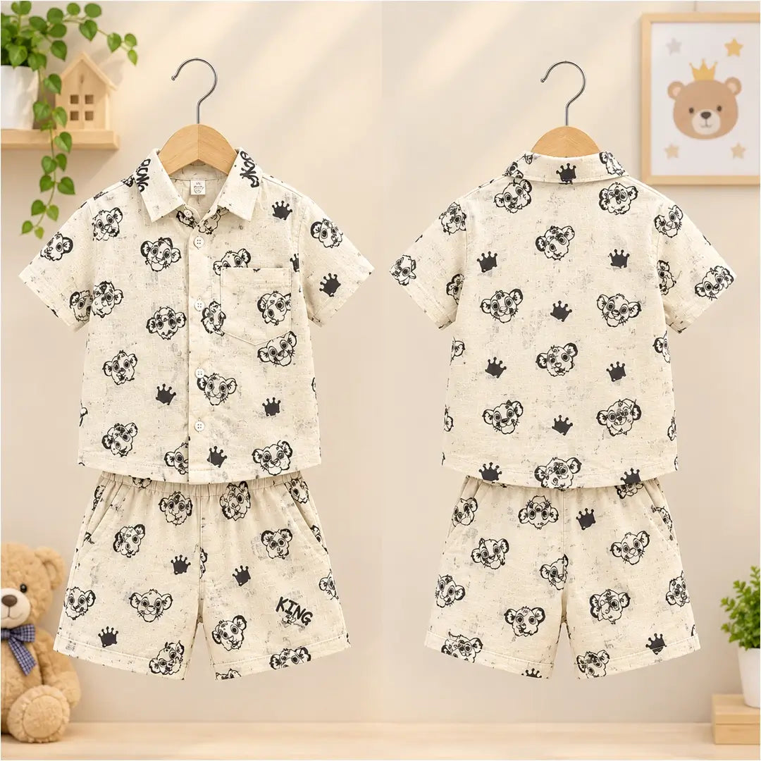Baby Boy Cream King Lion Print Shirt & Shorts Set