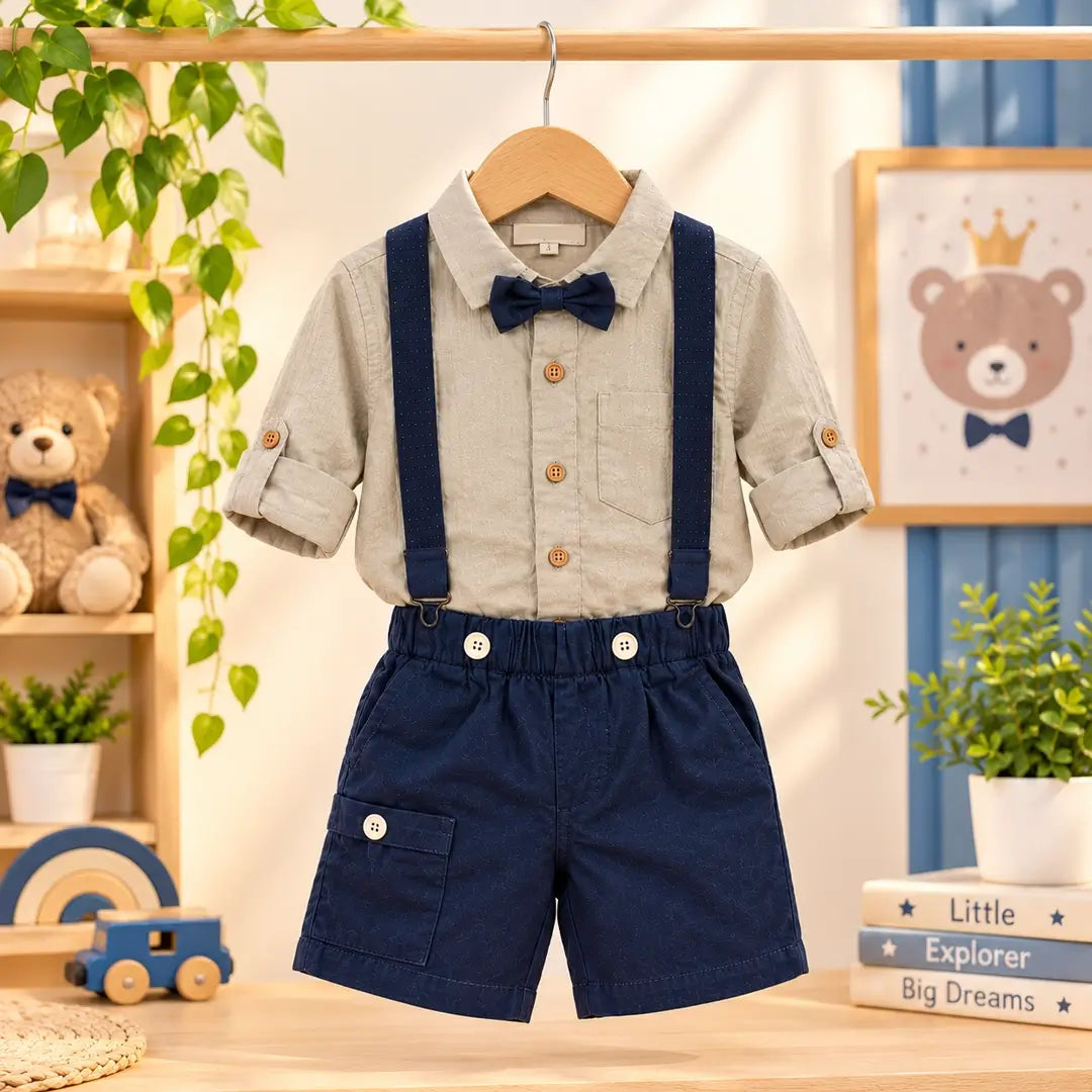 Baby Boy Shirt, Shorts, Bow Tie & Suspenders Set