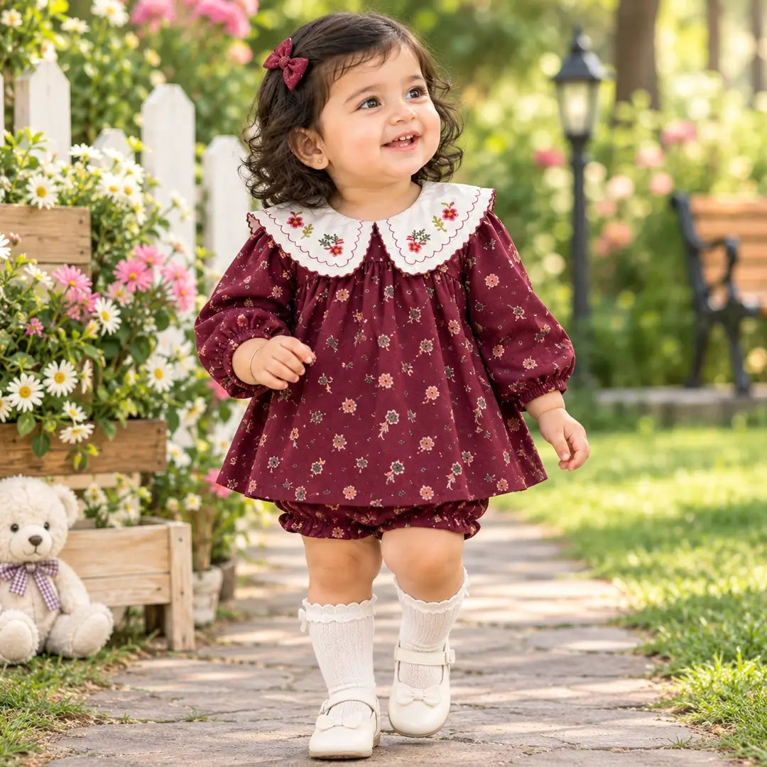 Baby Girl Wine Floral Dress with Embroidered Collar & Bloomers