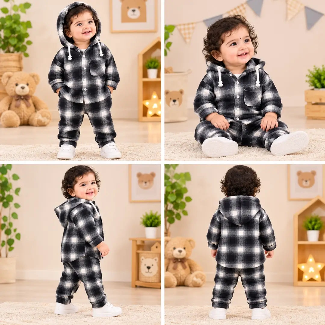 Baby Black & White Check Hooded Jacket & Pants Set