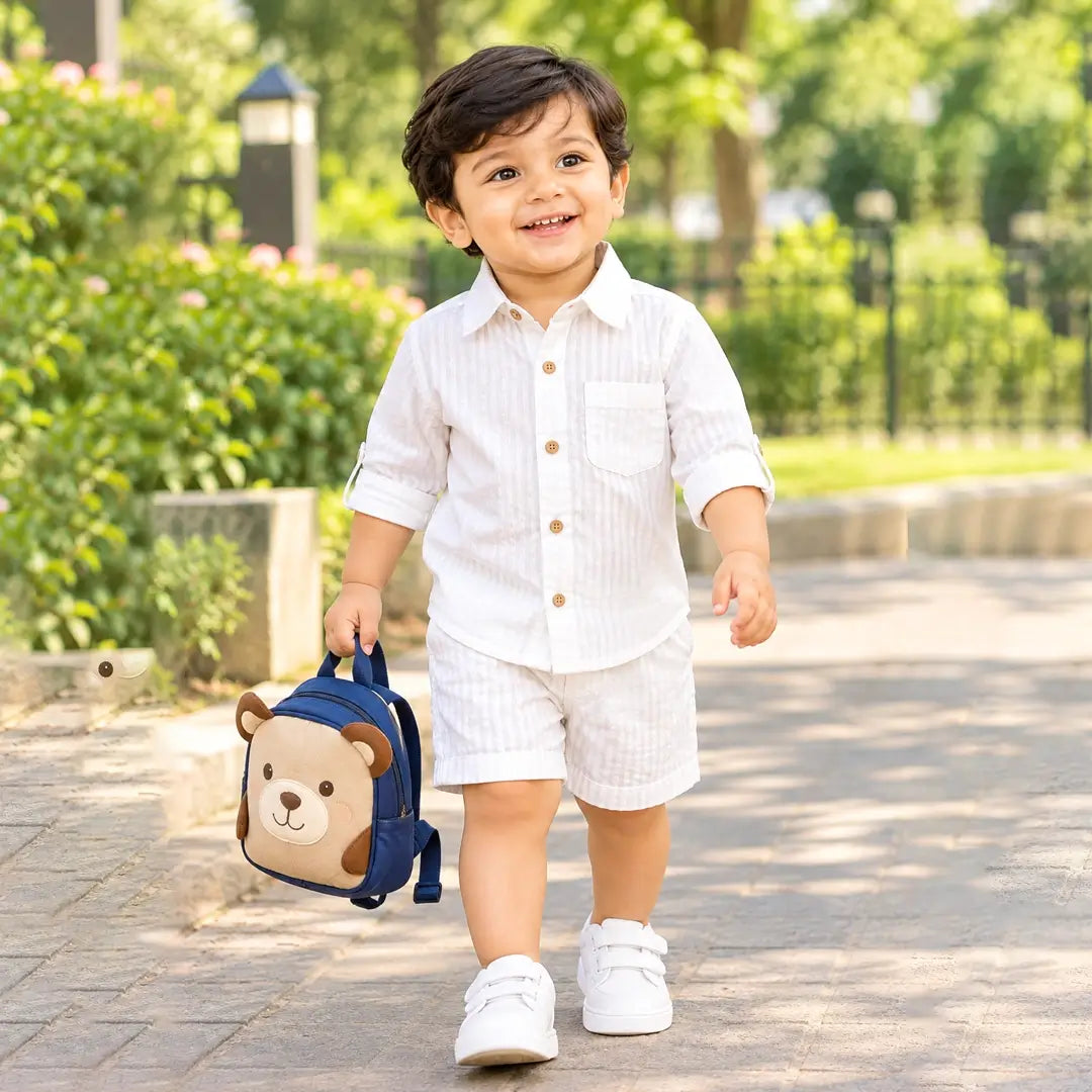 Boys White Striped Shirt & Shorts Set