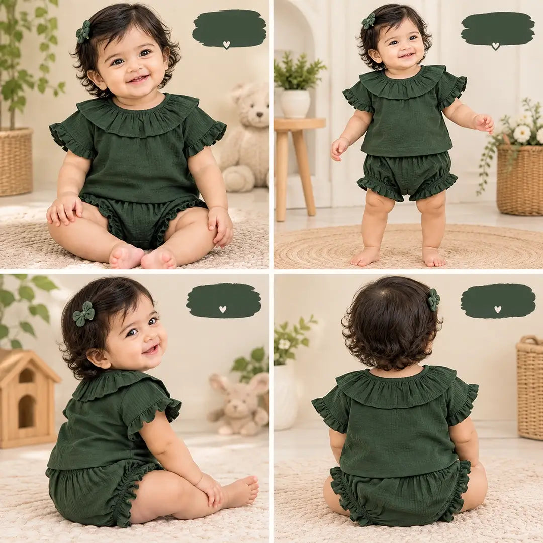 Baby Girl Olive Green Ruffle Top & Bloomer Set