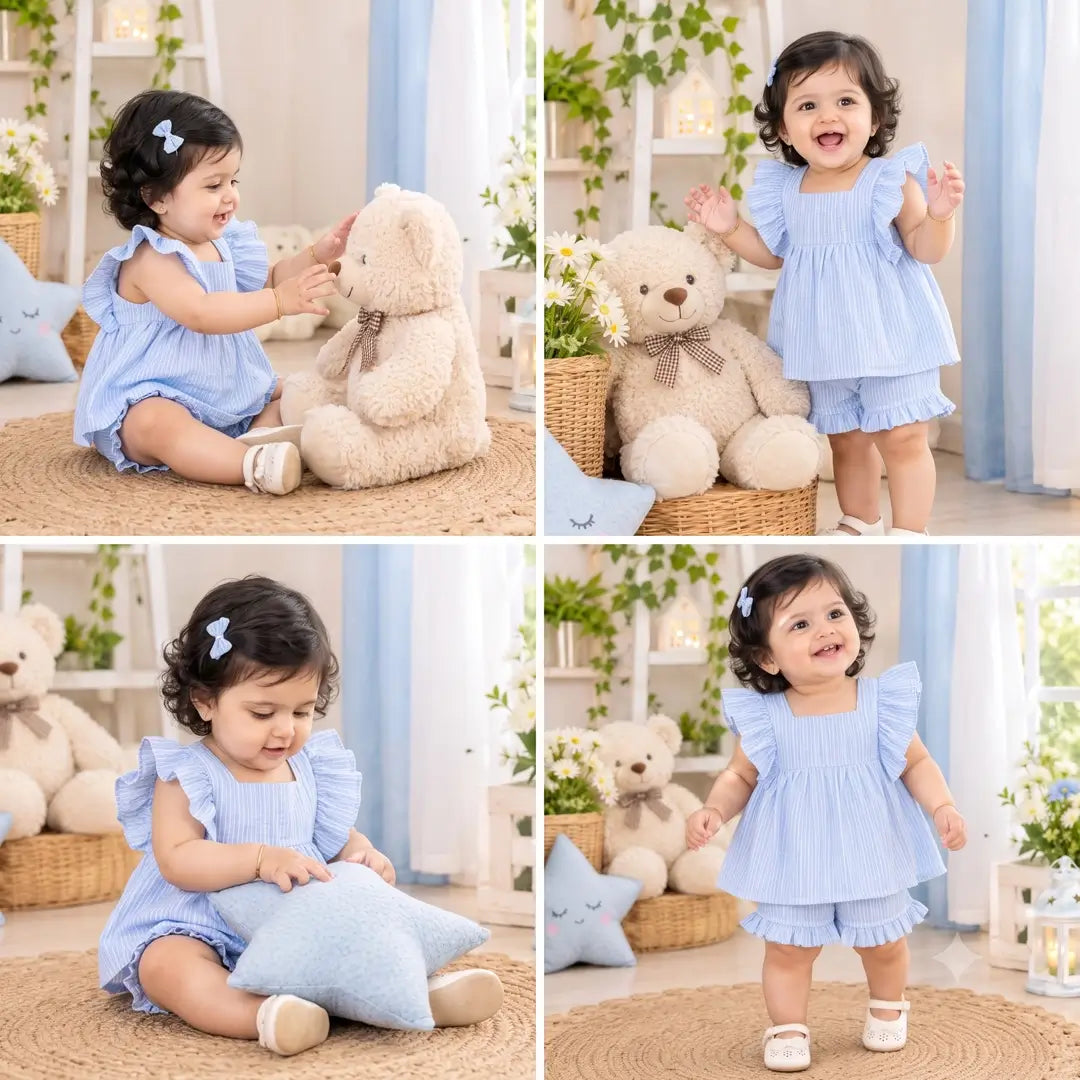 Girls Blue Striped Ruffle Top & Frill Shorts Set