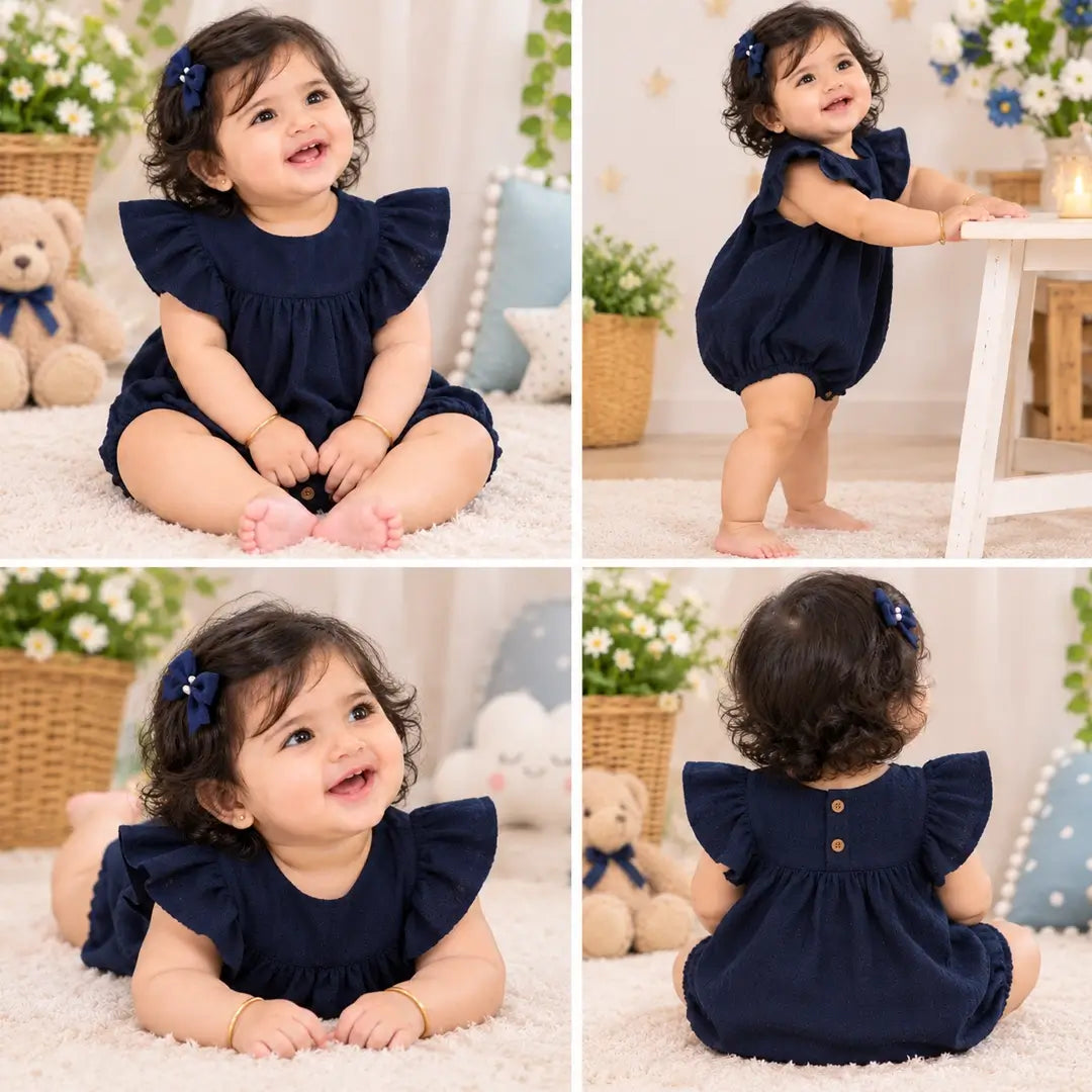 Baby Girl Navy Blue Flutter Sleeve Romper, Bubble Suit