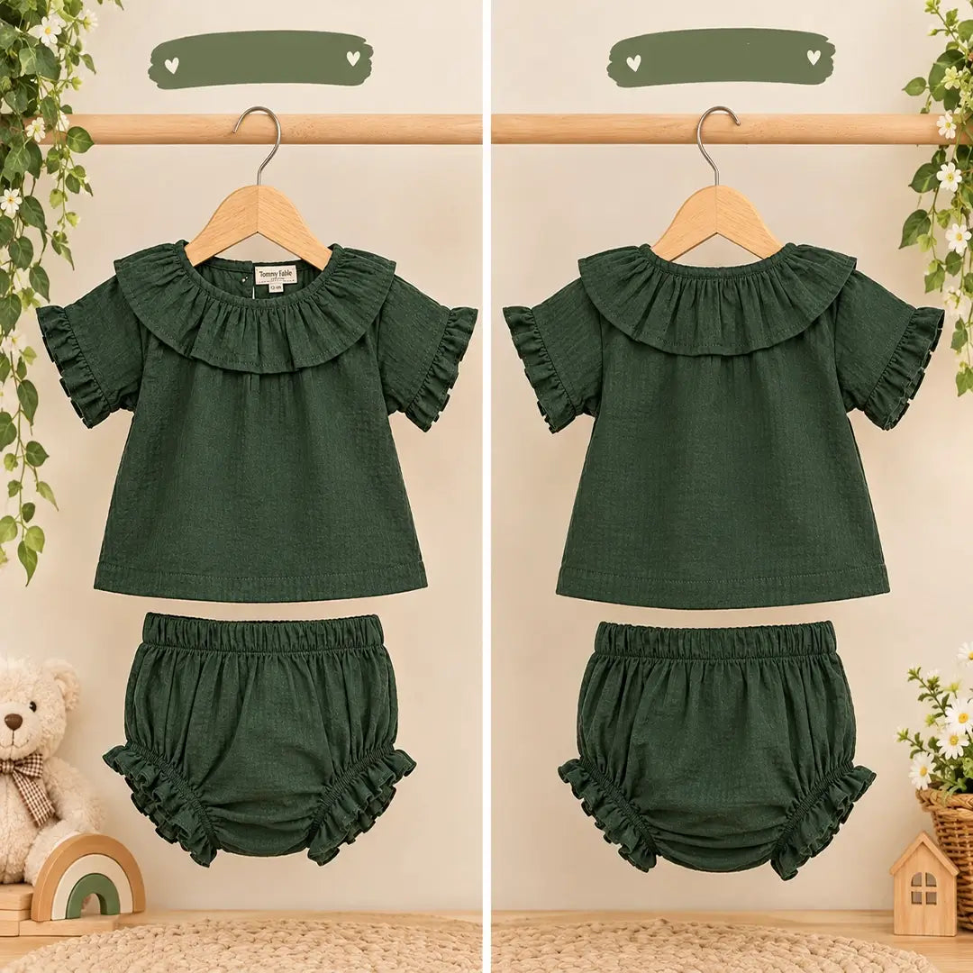 Baby Girl Olive Green Ruffle Top & Bloomer Set
