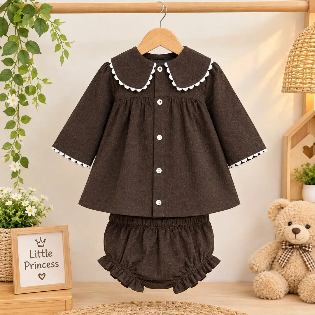Baby Girl Brown Dress with Scalloped Collar & Bloomers