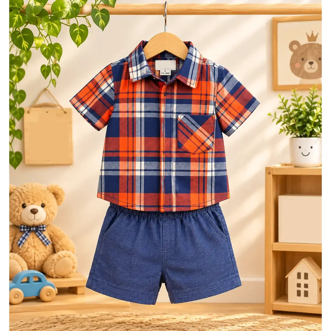 Boys Orange Check Shirt & Denim Shorts Set