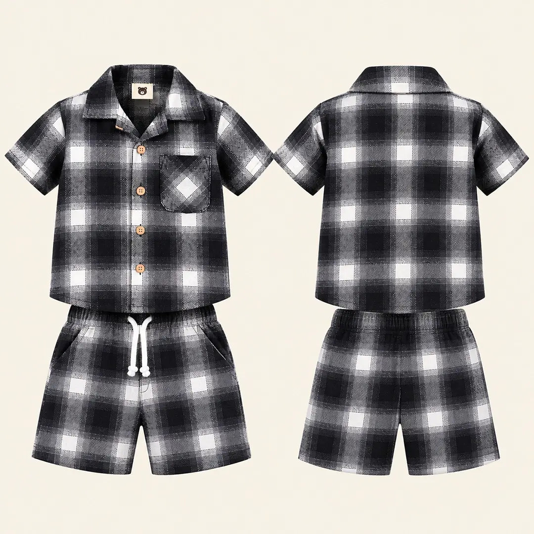 Baby Boy Black & White Check Shirt & Shorts Set