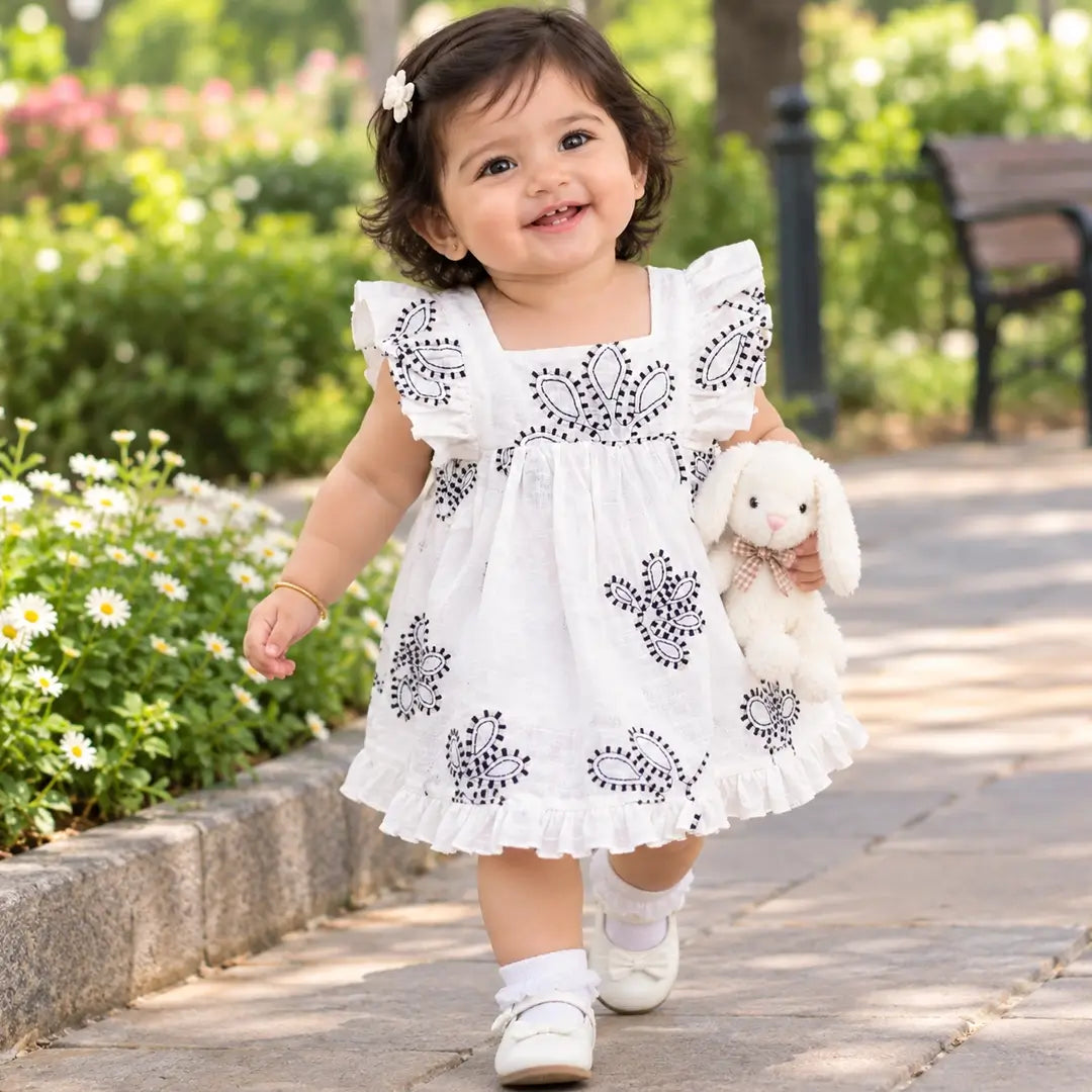 Girls White Embroidered Ruffle Top & Frill Shorts Set