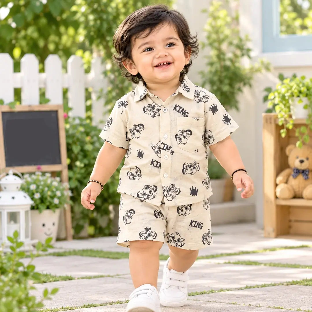 Baby Boy Cream King Lion Print Shirt & Shorts Set