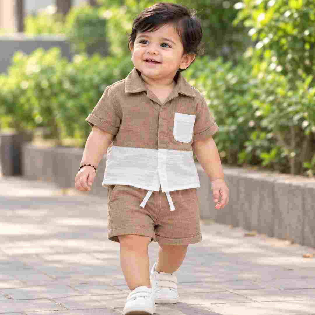 Baby Boy Tan & White Muslin Cord Set