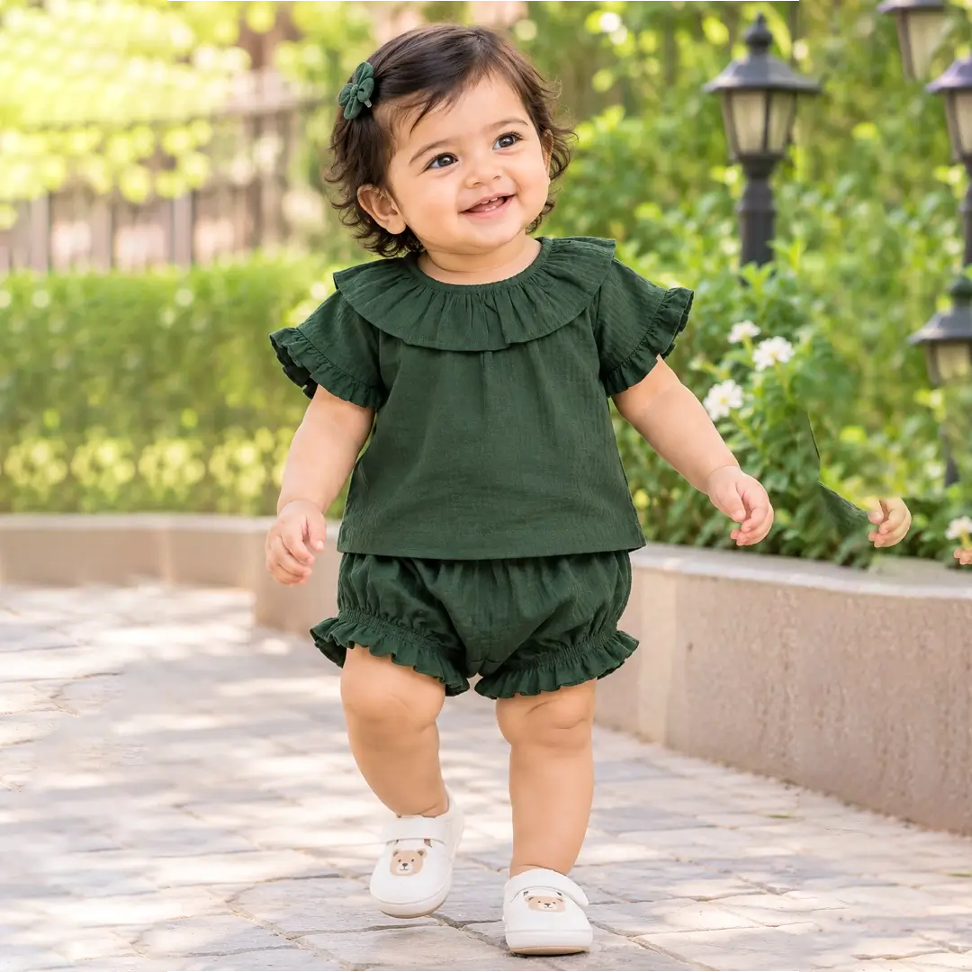 Baby Girl Olive Green Ruffle Top & Bloomer Set