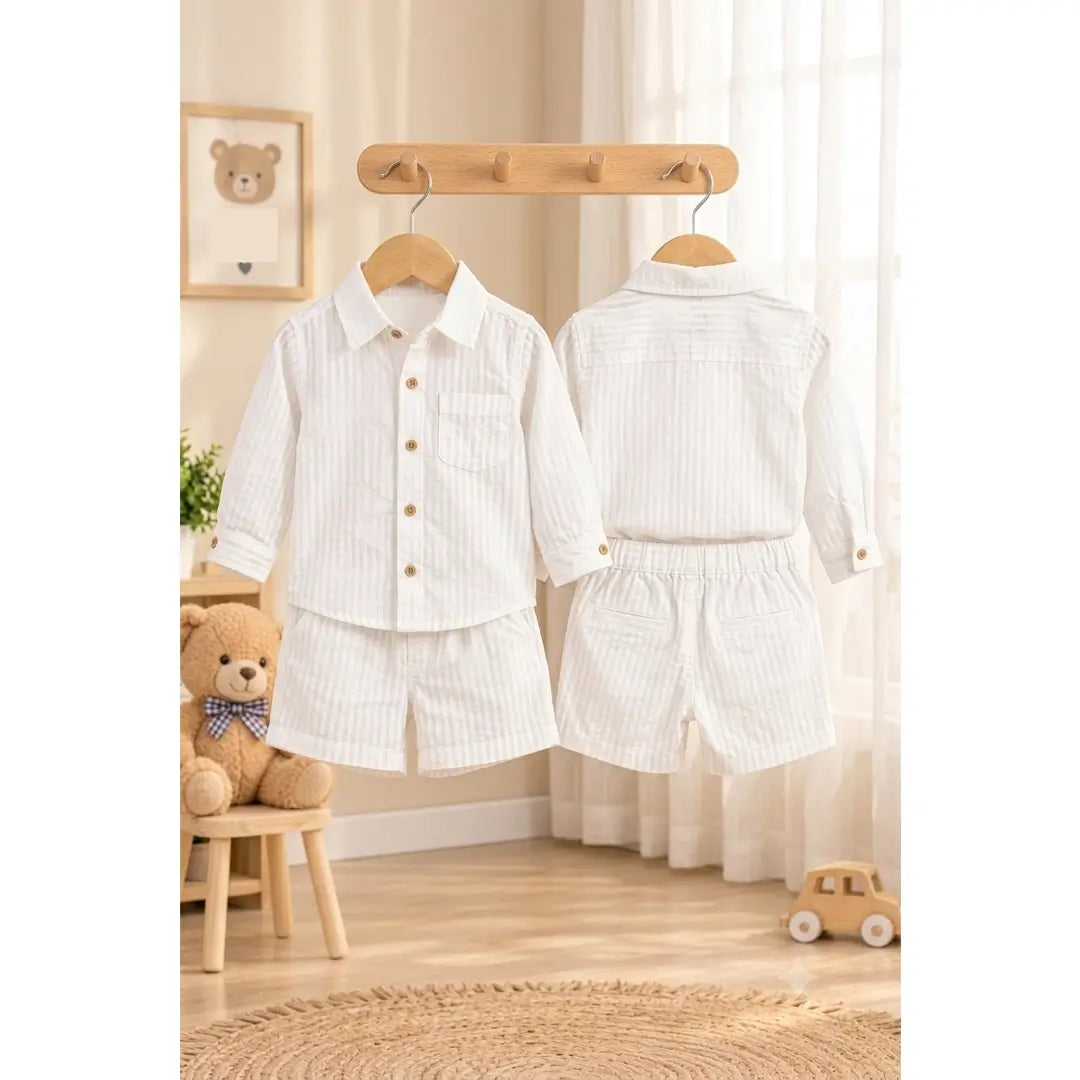 Boys White Striped Shirt & Shorts Set