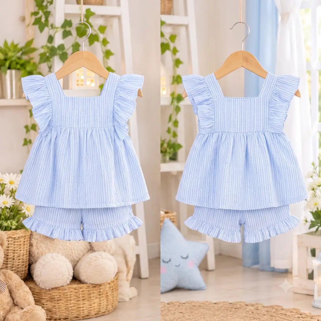 Girls Blue Striped Ruffle Top & Frill Shorts Set