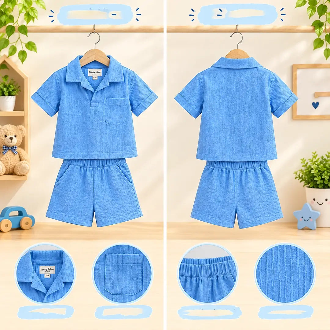Baby Boy Sky Blue Muslin Shirt & Shorts Set
