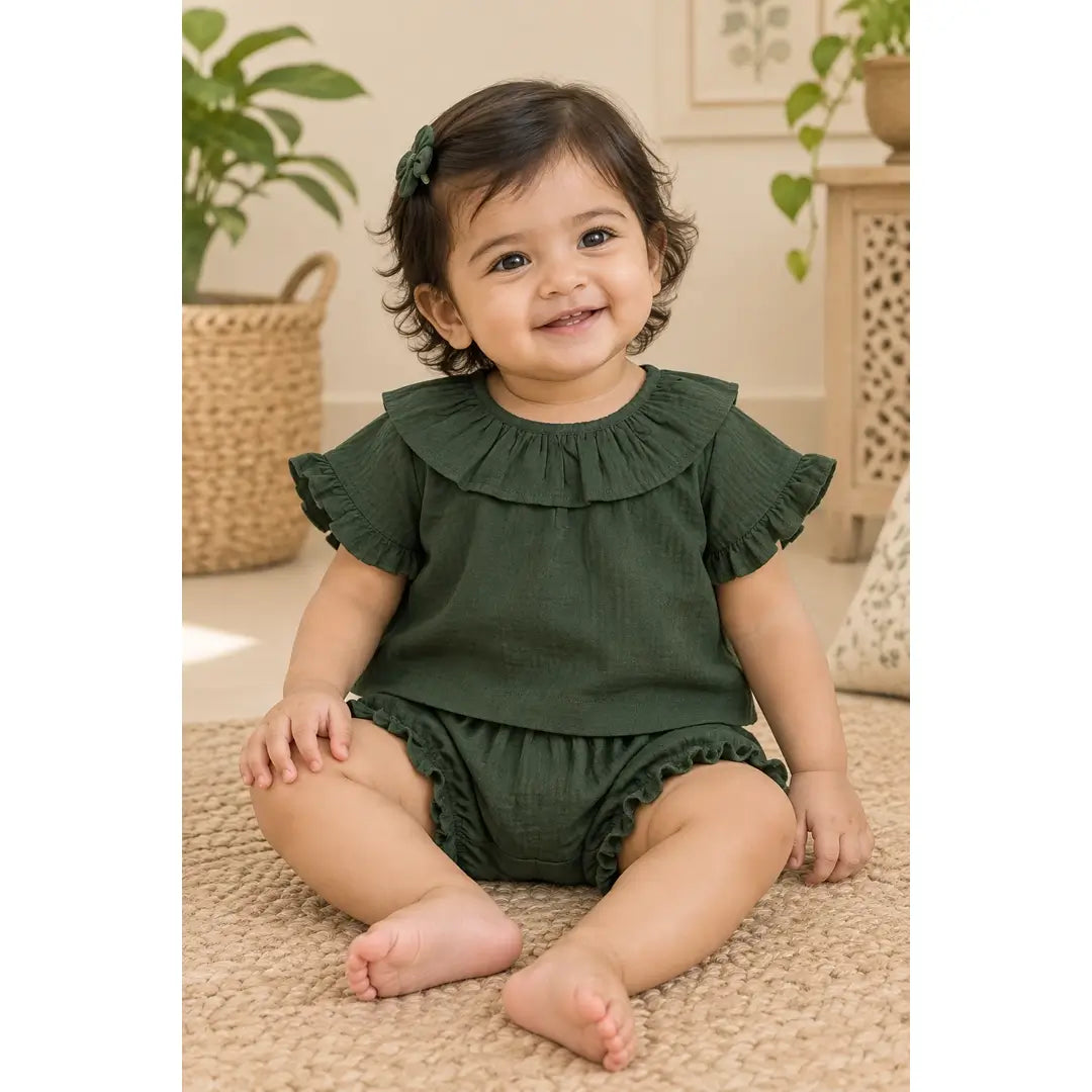 Baby Girl Olive Green Ruffle Top & Bloomer Set