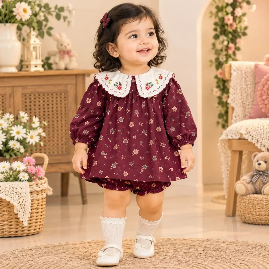 Baby Girl Wine Floral Dress with Embroidered Collar & Bloomers