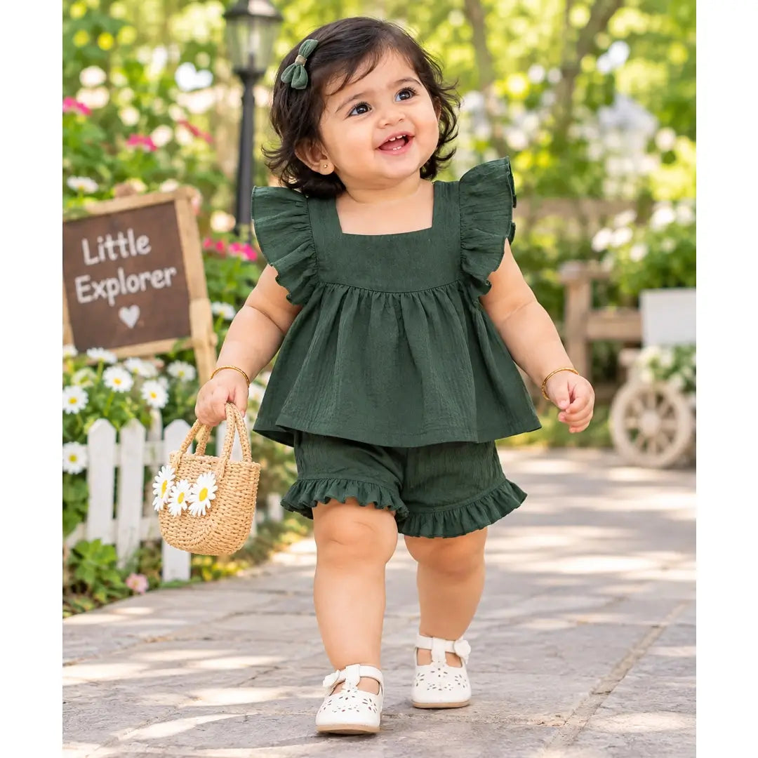 Girls Olive Green Ruffle Top & Frill Shorts Set