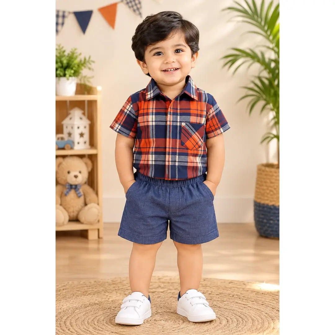 Boys Orange Check Shirt & Denim Shorts Set