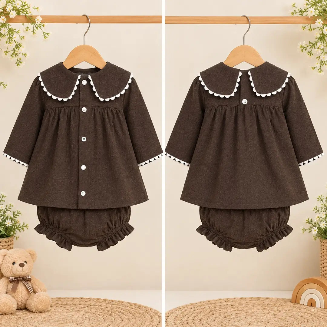 Baby Girl Brown Dress with Scalloped Collar & Bloomers