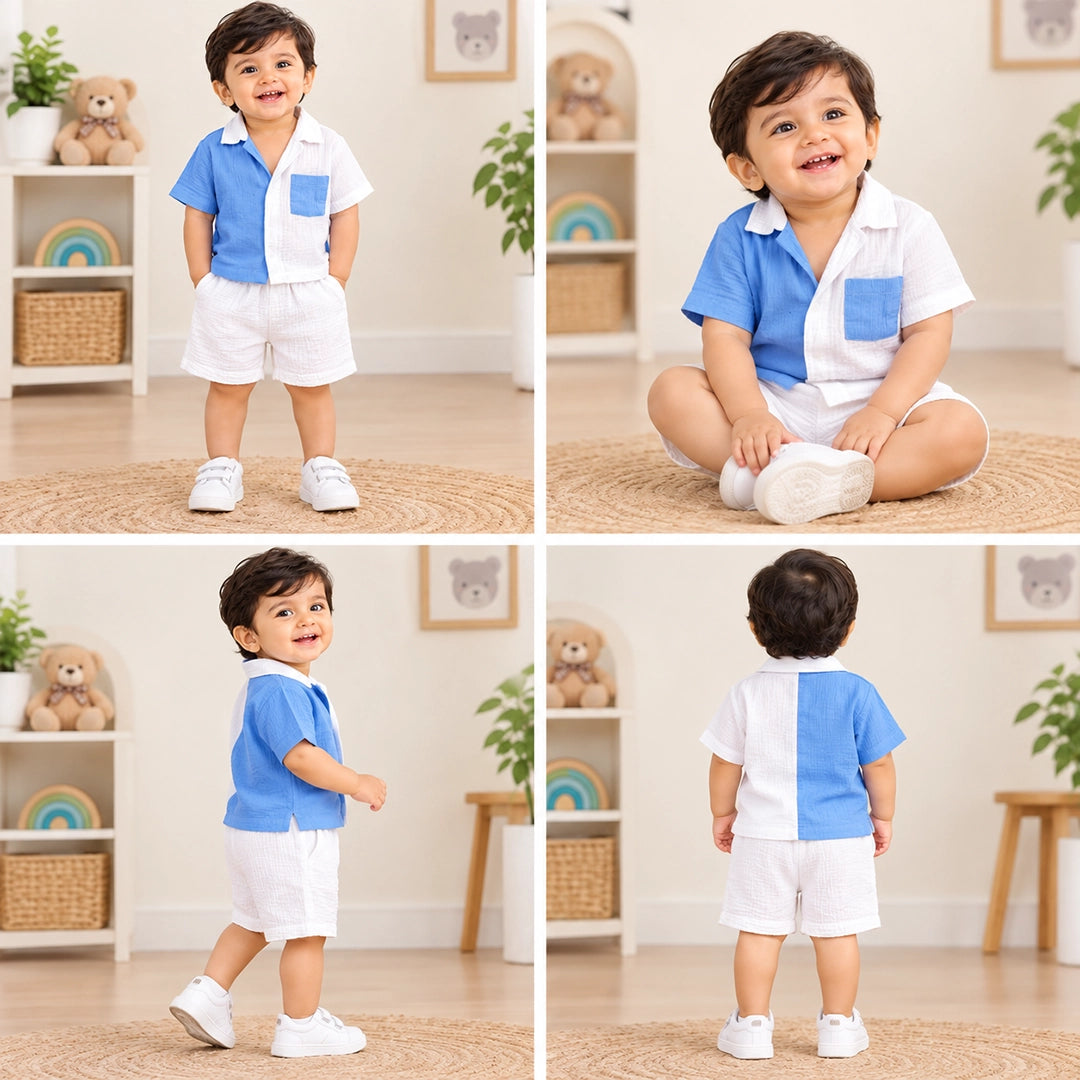 Baby Boy Blue & White Muslin Shirt Shorts Set