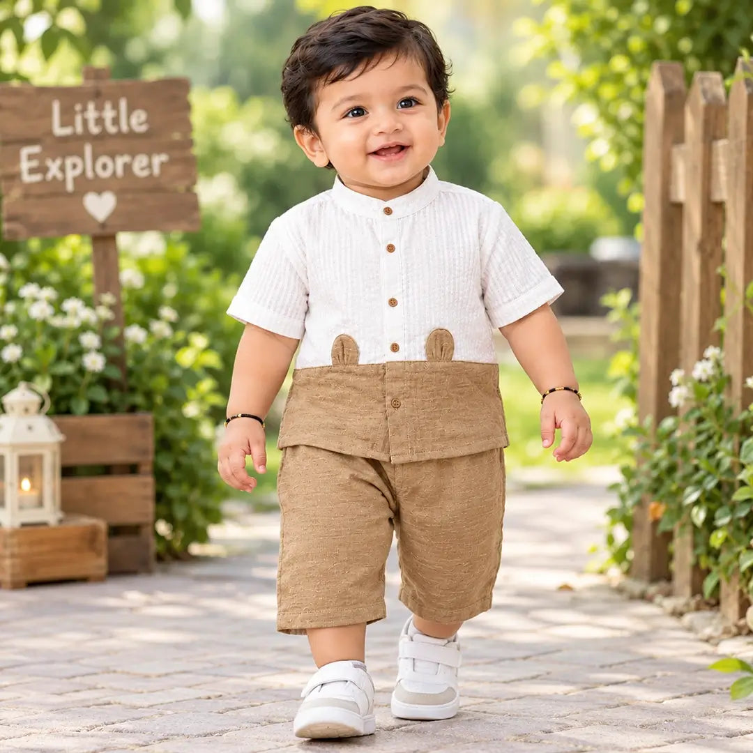 Baby Boy Bear Ears Mandarin Collar Shirt & Shorts Set