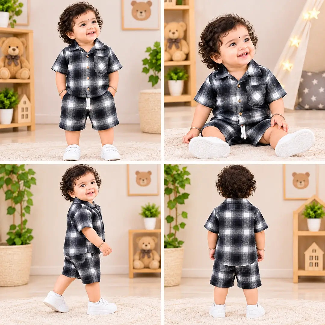 Baby Boy Black & White Check Shirt & Shorts Set