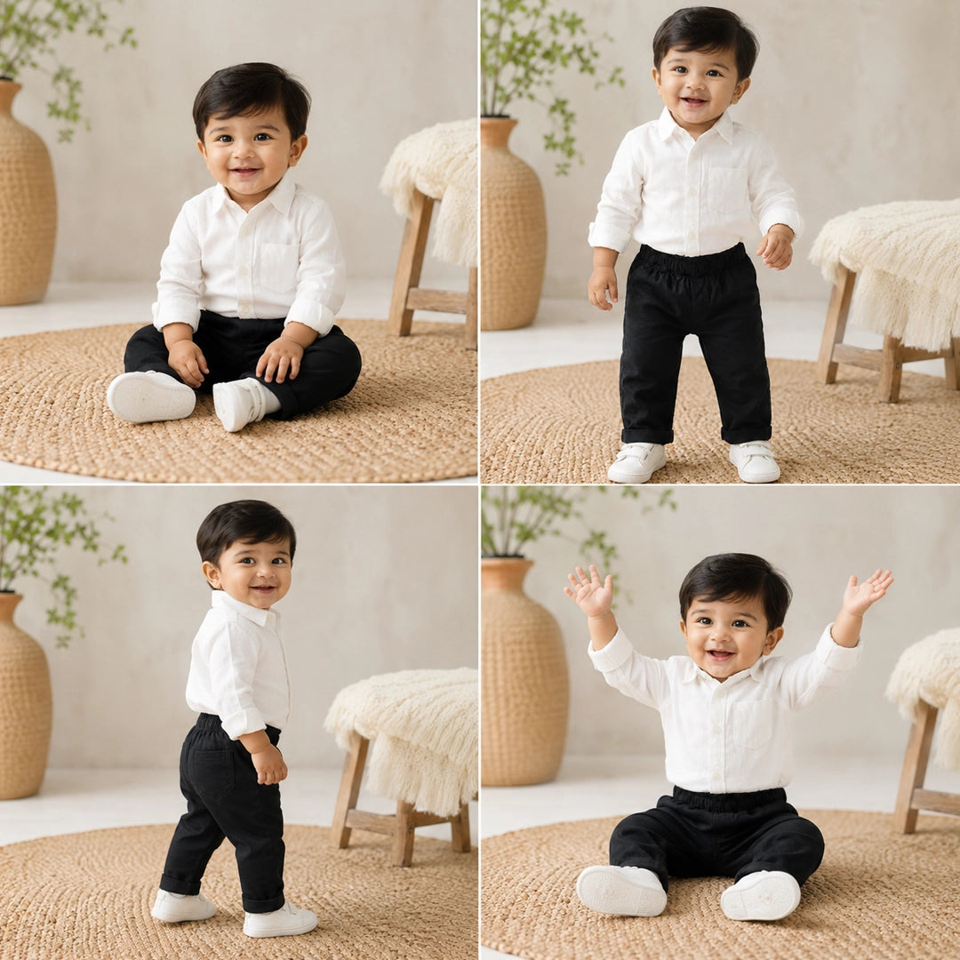 Baby Boy Formal Outfit | White Shirt & Black Pants Set