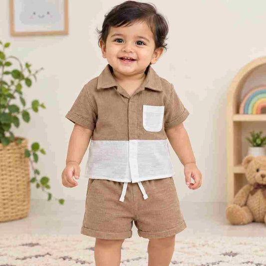 Baby Boy Tan & White Muslin Cord Set