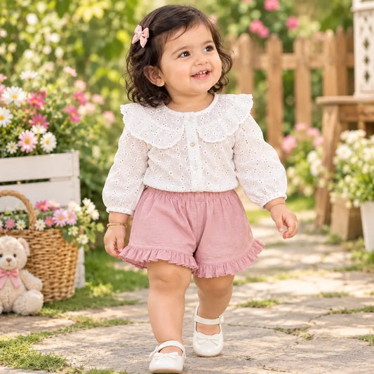 Baby Girl White Eyelet Top & Pink Frill Shorts Set