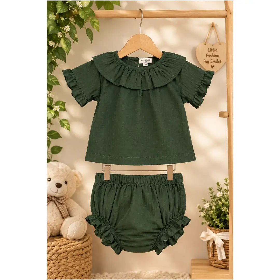Baby Girl Olive Green Ruffle Top & Bloomer Set