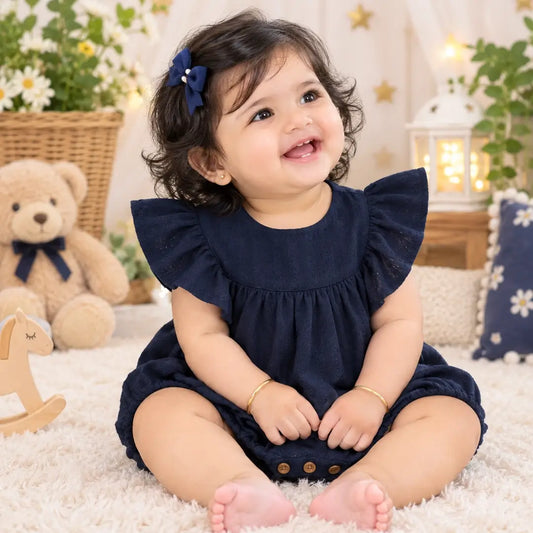 Baby Girl Navy Blue Flutter Sleeve Romper, Bubble Suit