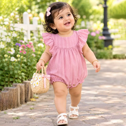 Baby Girl Pink Flutter Sleeve Romper, Bubble Suit