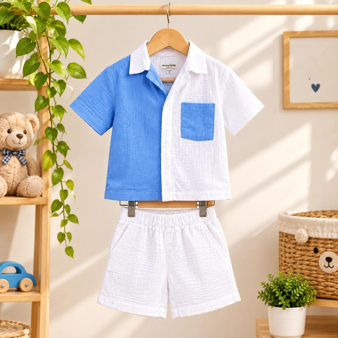 Baby Boy Blue & White Muslin Shirt Shorts Set