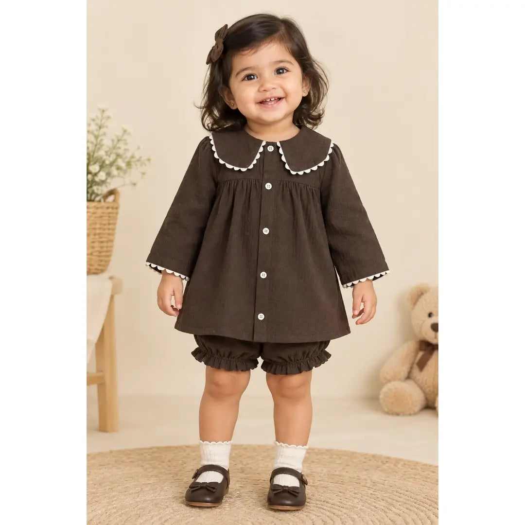 Baby Girl Brown Dress with Scalloped Collar & Bloomers