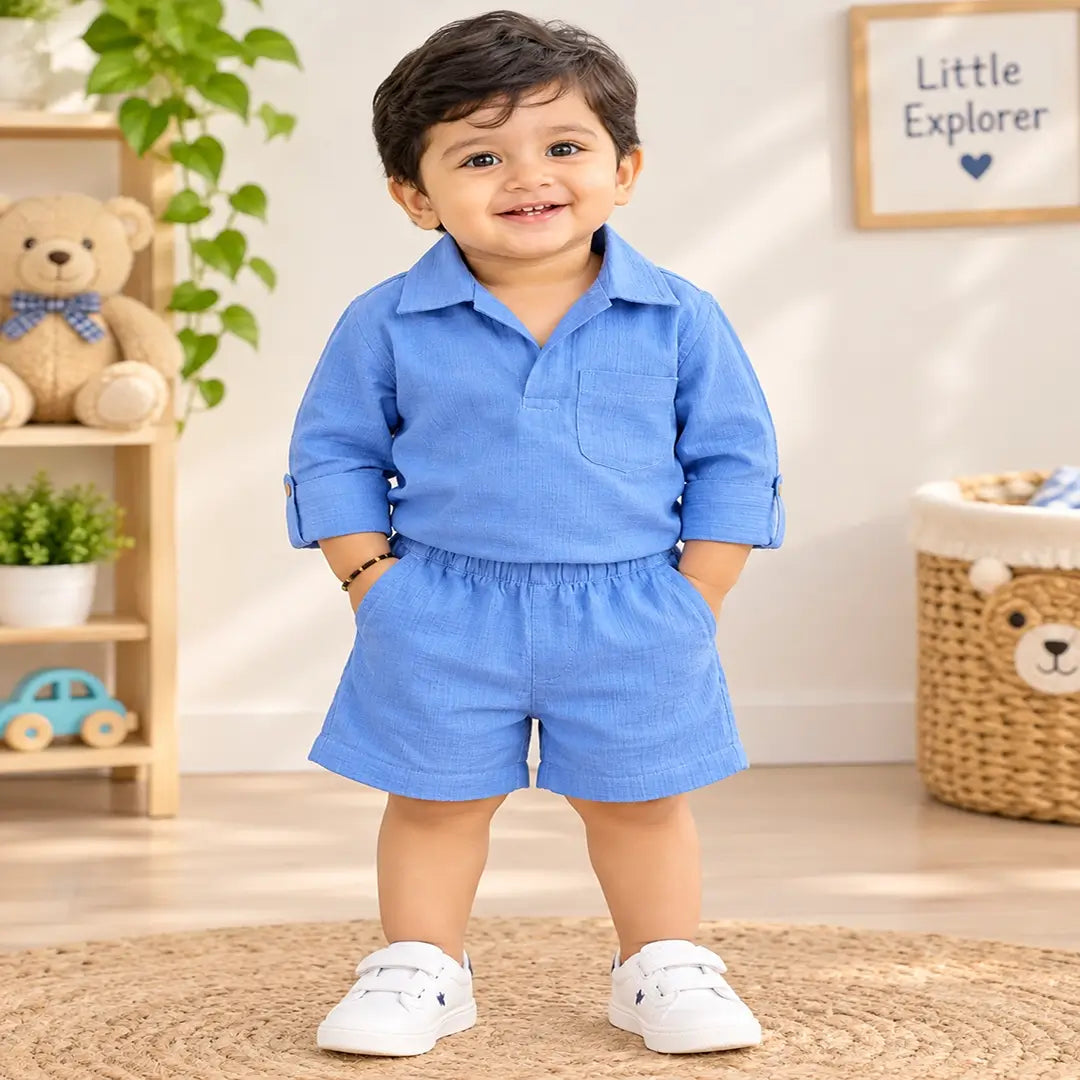 Baby Boy Sky Blue Muslin Shirt & Shorts Set