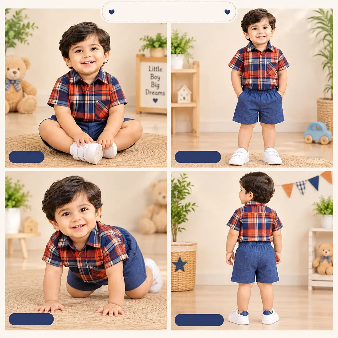 Boys Orange Check Shirt & Denim Shorts Set