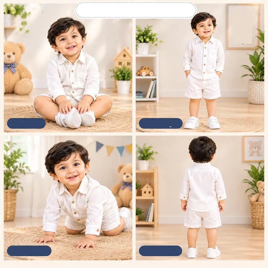 Boys White Striped Shirt & Shorts Set
