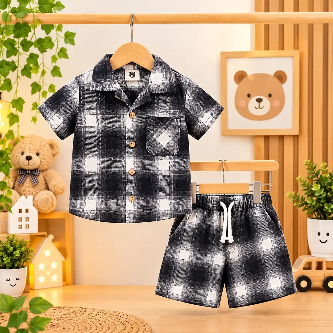 Baby Boy Black & White Check Shirt & Shorts Set
