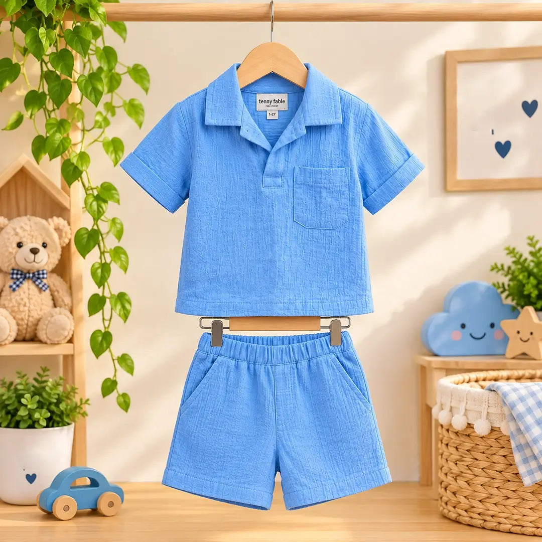 Baby Boy Sky Blue Muslin Shirt & Shorts Set