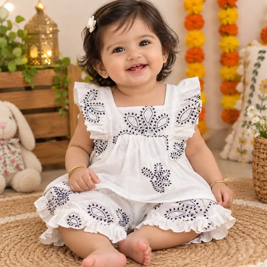 Girls White Embroidered Ruffle Top & Frill Shorts Set