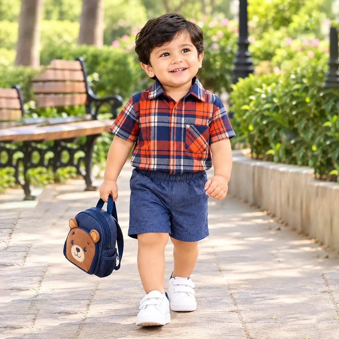 Boys Orange Check Shirt & Denim Shorts Set