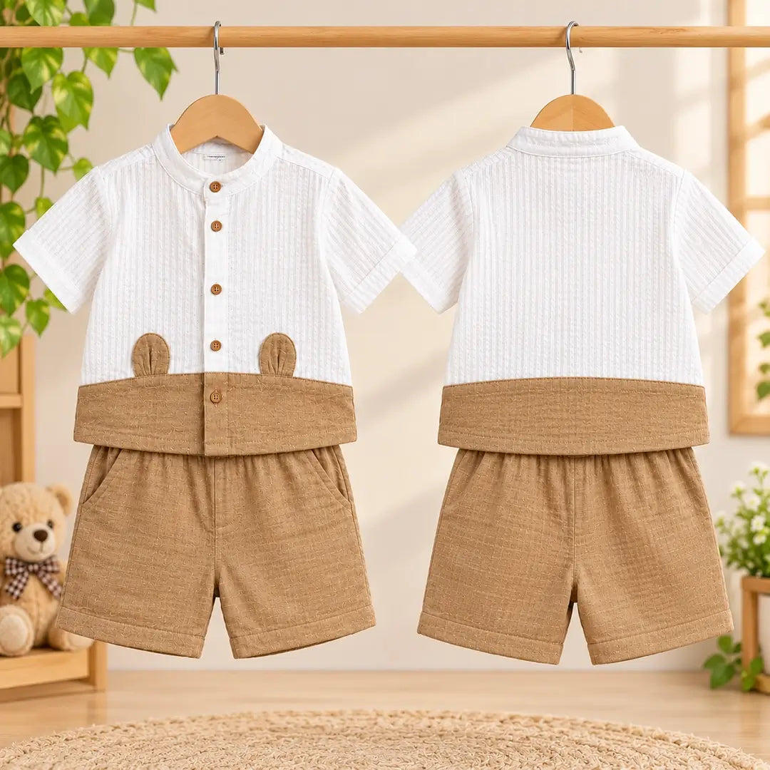 Baby Boy Bear Ears Mandarin Collar Shirt & Shorts Set