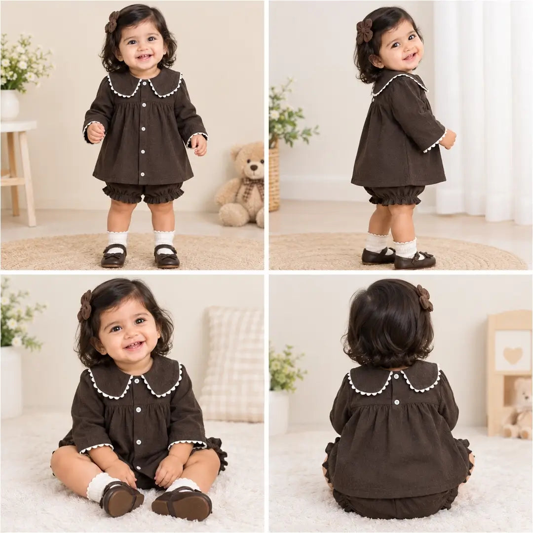Baby Girl Brown Dress with Scalloped Collar & Bloomers