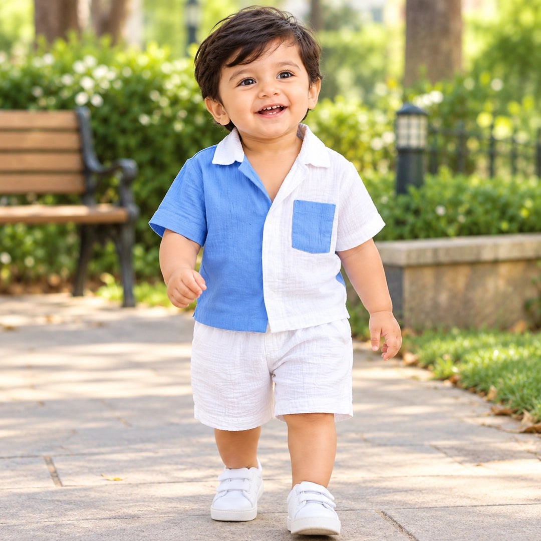 Baby Boy Blue & White Muslin Shirt Shorts Set